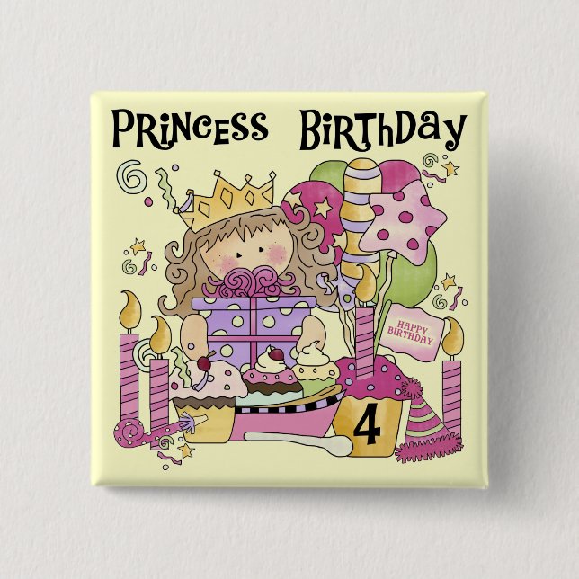 Bóton Quadrado 5.08cm Festa Princesa 4º Aniversário Camisetas e presente (Frente)