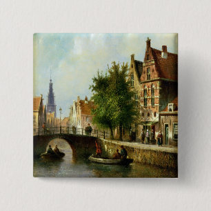 Bóton Quadrado 5.08cm Figuras em um canal, Amsterdão (óleo no painel)