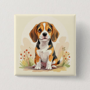 Bóton Quadrado 5.08cm Filhote de Beagle Tricolor Preto, Marrom e Branco