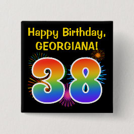 Bóton Quadrado 5.08cm Fireworks divertido + Rainbow Pattern "38" Anivers