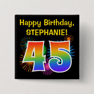 Bóton Quadrado 5.08cm Fireworks divertido + Rainbow Pattern "45" Anivers