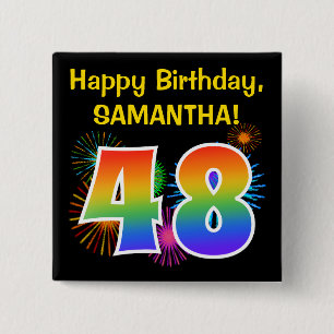 Bóton Quadrado 5.08cm Fireworks divertido + Rainbow Pattern "48" Anivers
