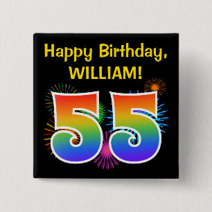 Bóton Quadrado 5.08cm Fireworks divertido + Rainbow Pattern "55" Anivers