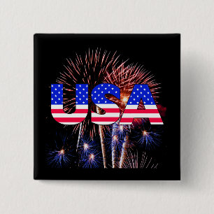 Bóton Quadrado 5.08cm Fireworks Patriótico dos EUA