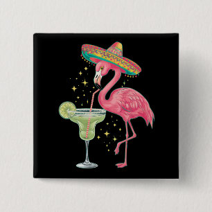 Bóton Quadrado 5.08cm Flamingo Bebendo Margarita Poncho Mexicano Engraça
