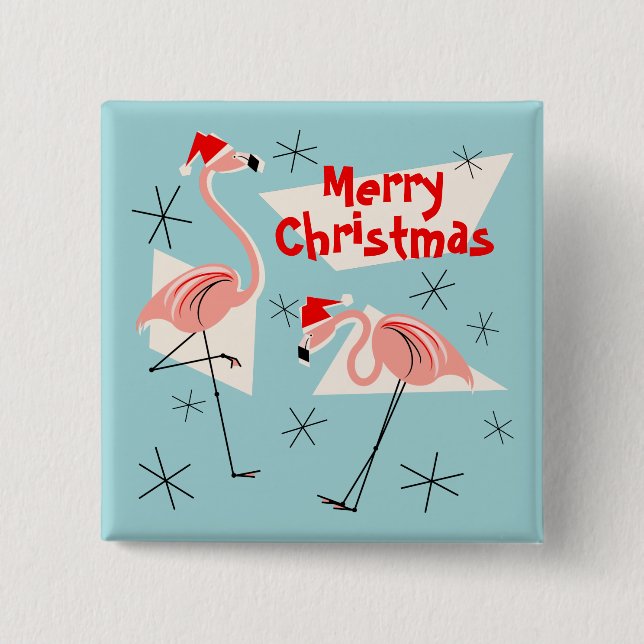 Bóton Quadrado 5.08cm Flamingo Santas Blue Merry Christmas (Frente)