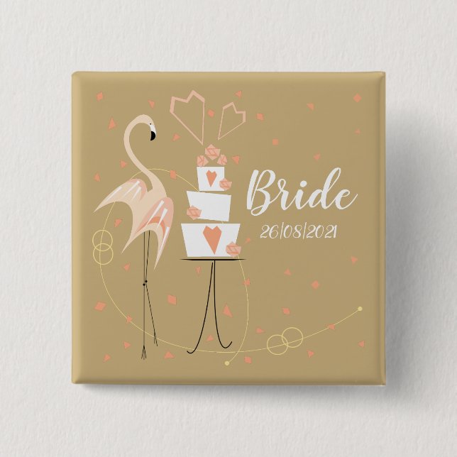 Bóton Quadrado 5.08cm Flamingo Wedding Bride Date Square (Frente)