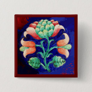 BÓTON QUADRADO 5.08CM FLOR COR-DE-ROSA ESTILIZADO, VERDE AZUL FLORAL