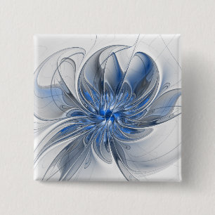 Bóton Quadrado 5.08cm Flor de Arte Fracionada com Cinza Azul abstrato