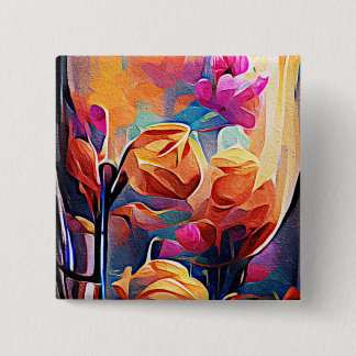 Bóton Quadrado 5.08cm Floral Abstrato Art Laranja Vermelho Azul Flores