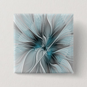 Bóton Quadrado 5.08cm Floral Fractal Moderno Abstrato Flor Azul Cinza