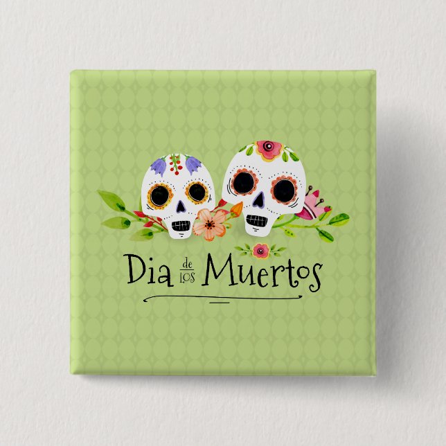 Bóton Quadrado 5.08cm Floral Sugar Skulls Dia de Muertos | Botao (Frente)