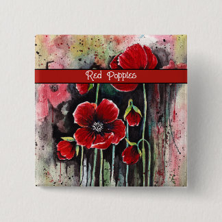 Bóton Quadrado 5.08cm Flores De Papoila Em Aquarela