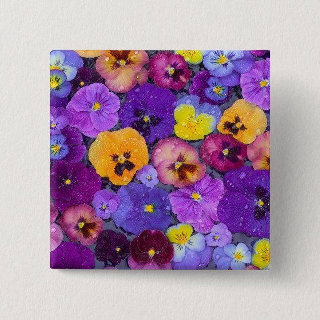 Bóton Quadrado 5.08cm Flores de pensamento flutuando em banho de pássaro (Frente)