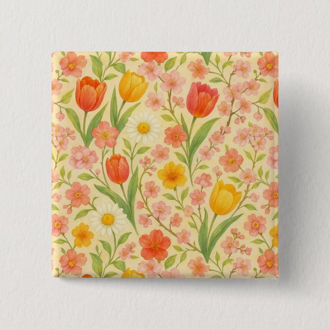 Bóton Quadrado 5.08cm Flores fofas com padrão de Páscoa/primavera (Frente)