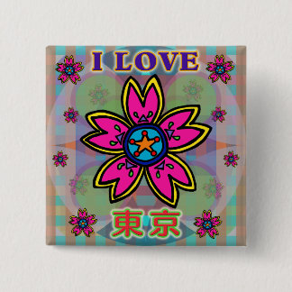 Bóton Quadrado 5.08cm Flores Kanji Botão "EU AMO TÓQUIO"