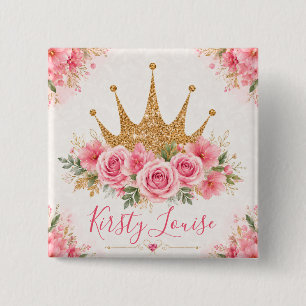 Bóton Quadrado 5.08cm Flores Rosa em Aquarela e Tiara Dourada