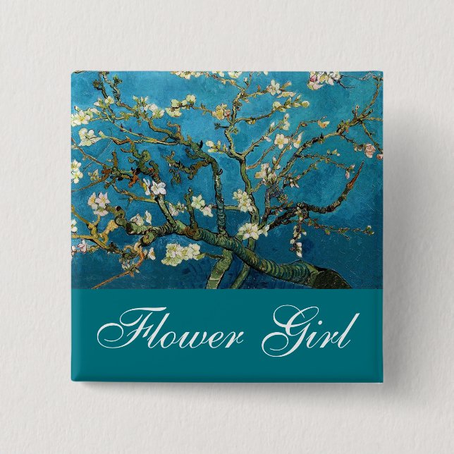 Bóton Quadrado 5.08cm Flower girl pin Blossoming Almond tree (Frente)