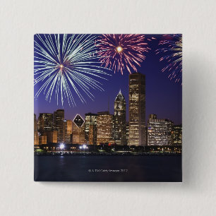 Bóton Quadrado 5.08cm Fogos-de-artifício sobre a skyline de Chicago