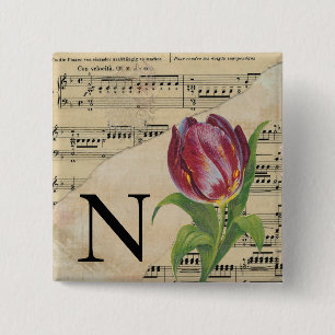 Bóton Quadrado 5.08cm Folha de Tulipas Roxa Monograma de Música Inicial