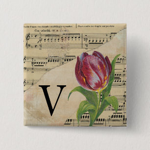Bóton Quadrado 5.08cm Folha de Tulipas Roxa Monograma de Música V Inicia