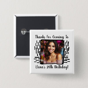 Bóton Quadrado 5.08cm Foto e nome personalizados de aniversário Obrigado