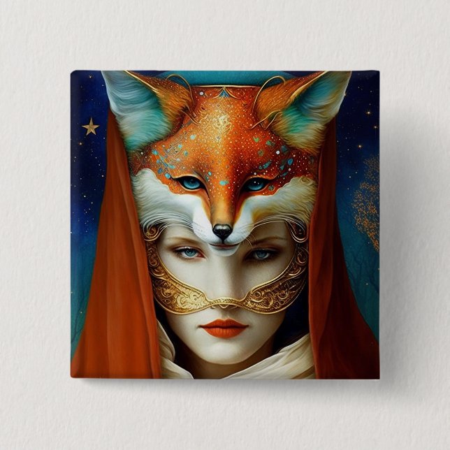 Bóton Quadrado 5.08cm Fox Mulher Surreal Fantasy Art (Frente)