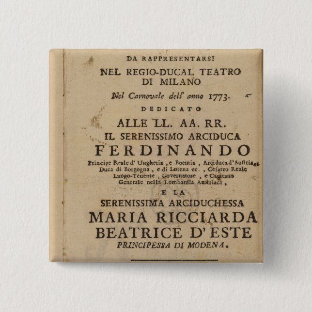 Bóton Quadrado 5.08cm Frontispiece do Lucio Silla de Mozart ' (Frente)
