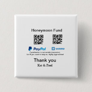 Bóton Quadrado 5.08cm Fundo Honeymoon PayPal Venmo obrigado de código QR