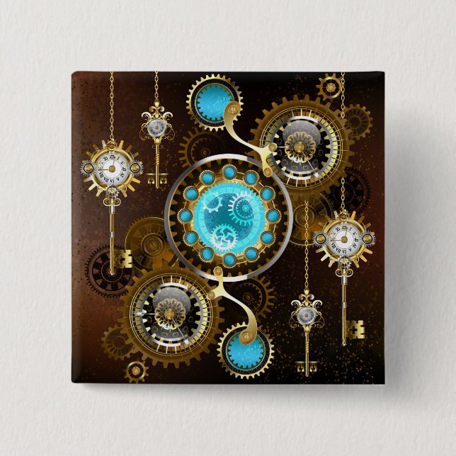 Bóton Quadrado 5.08cm Fundo Rusty Steampunk com Lentes Turquesa (Frente)