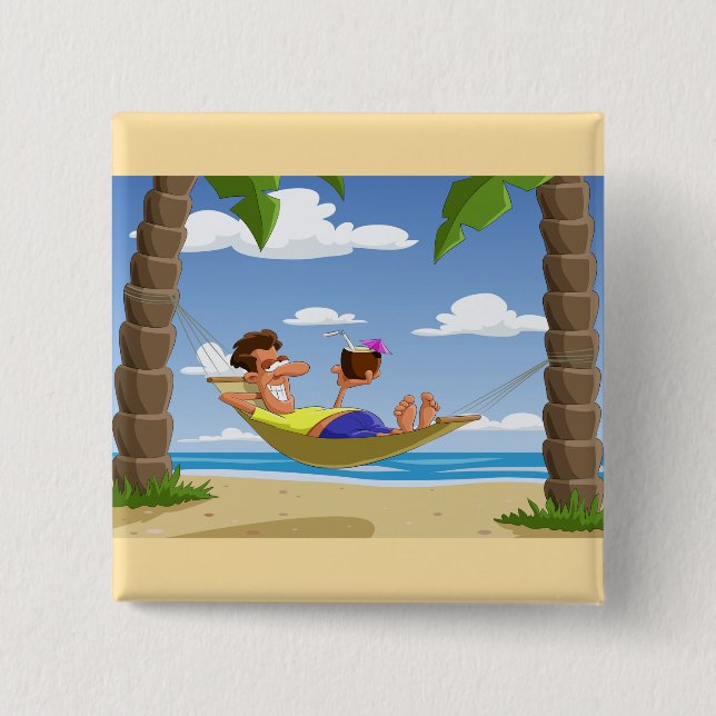 Bóton Quadrado 5.08cm Funny Man Relaxing in Beach Hammock (Frente)
