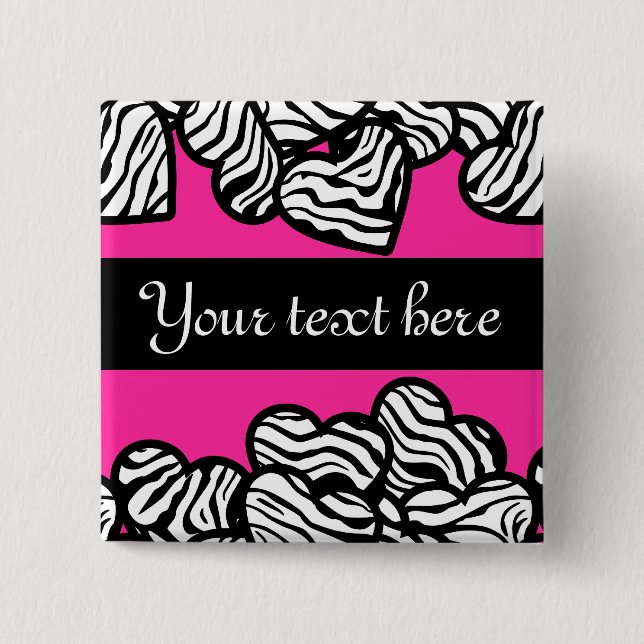 Bóton Quadrado 5.08cm Fuschia cor-de-rosa preto branco padrão da zebra (Frente)