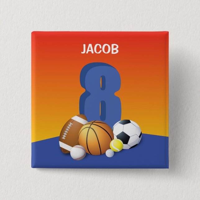 Bóton Quadrado 5.08cm Garoto 8º Aniversário de Esportes (Frente)