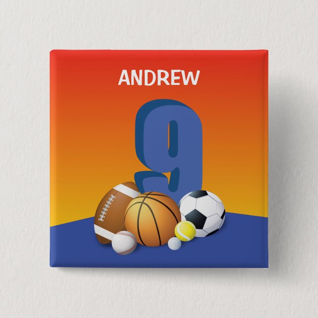 Bóton Quadrado 5.08cm Garoto 9º Aniversário de Esportes (Frente)