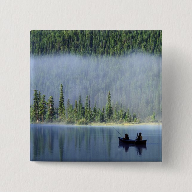 Bóton Quadrado 5.08cm Garotos pescando no Lago Waterfowl, Banff (Frente)