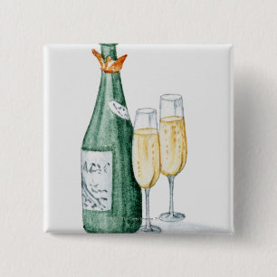 Bóton Quadrado 5.08cm Garrafas de Champagne e dois vidros
