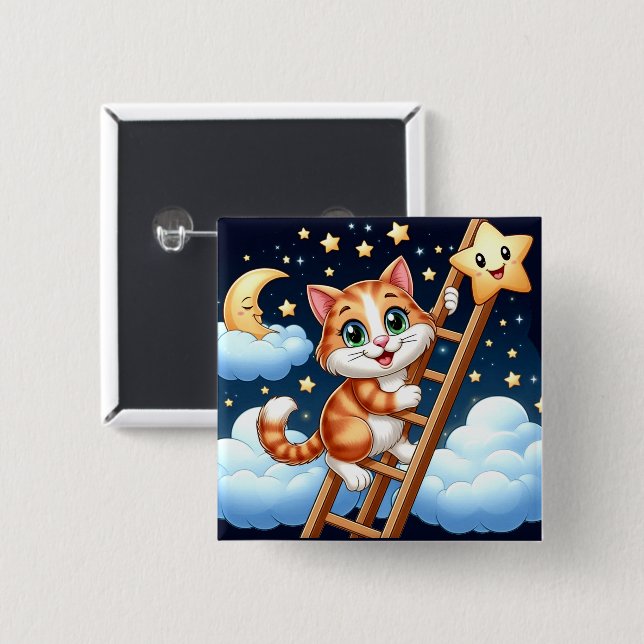 Bóton Quadrado 5.08cm Gatinho bonito sobe escada até a lua (Frente & Verso)