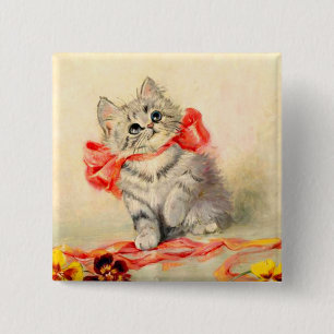 Bóton Quadrado 5.08cm Gatinho com Fita Vermelha