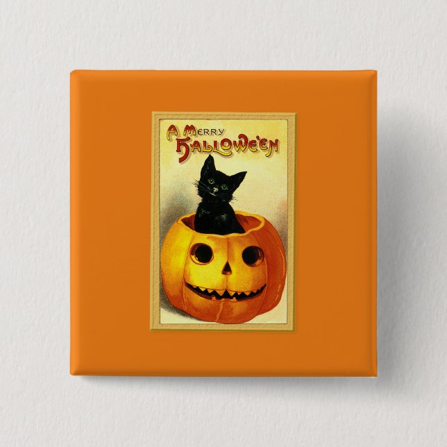 Bóton Quadrado 5.08cm Gatinho de Halloween sentado em Jack O Lanterna (Frente)