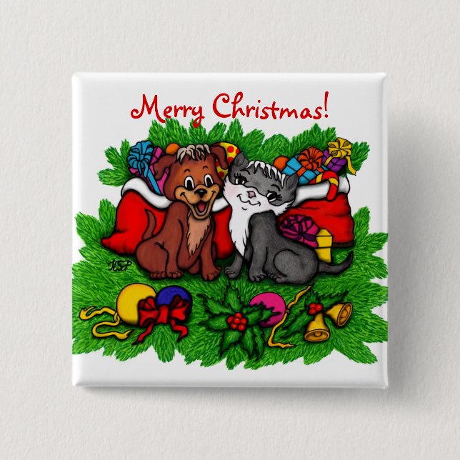 Bóton Quadrado 5.08cm Gatinho e puppy, XMas feliz (Frente)