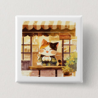 Bóton Quadrado 5.08cm Gato Bonito a gostar de café no Café Cozy