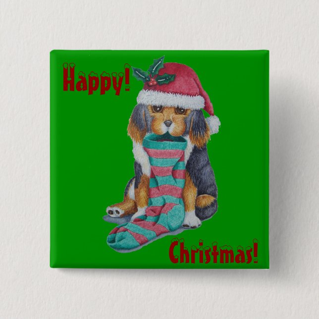 Bóton Quadrado 5.08cm gato de cinza gatinho vestido de natal (Frente)