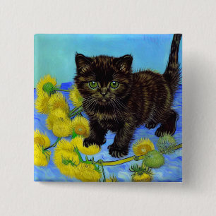 Bóton Quadrado 5.08cm Gato de estilo Van Gogh com Sunflower