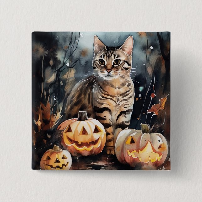 Bóton Quadrado 5.08cm Gato de Halloween Bengal com Pumpkins assustado (Frente)