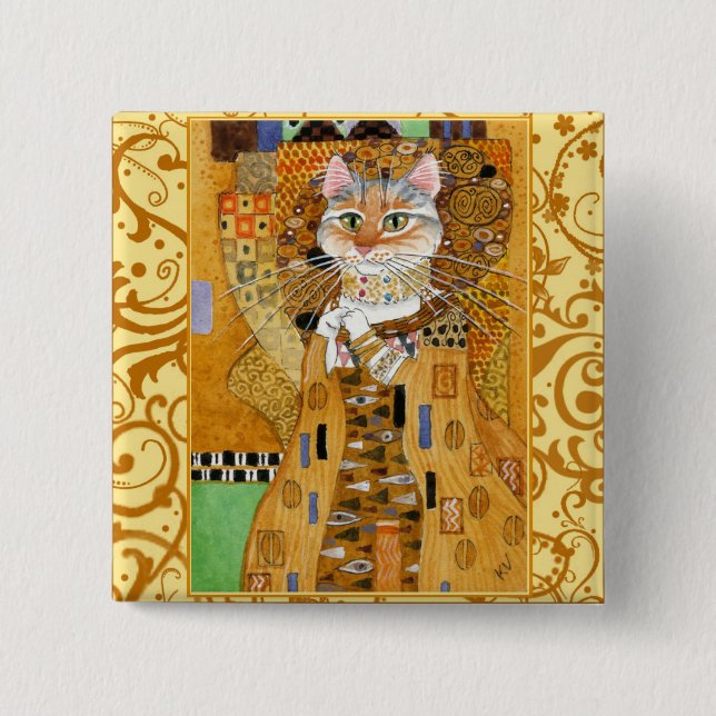 Bóton Quadrado 5.08cm Gato de Klimt no pinback quadrado Dourado (Frente)
