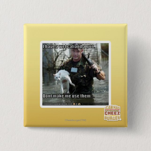 Bóton Quadrado 5.08cm Gato e arma molhados (Frente)