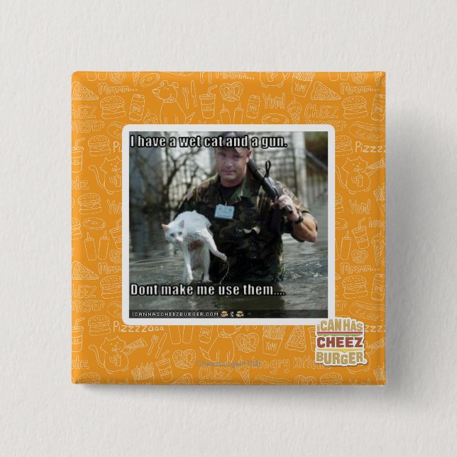 Bóton Quadrado 5.08cm Gato e arma molhados (Frente)