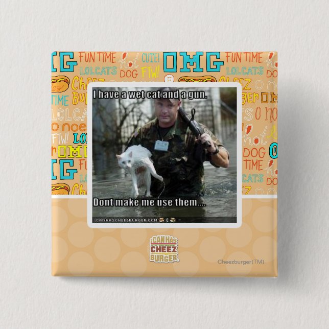 Bóton Quadrado 5.08cm Gato e arma molhados (Frente)