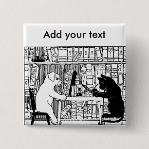Bóton Quadrado 5.08cm Gato e Cachorro Vintage Biblioteca Literária 