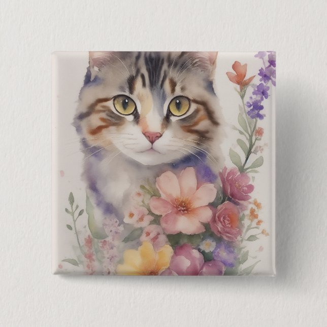 Bóton Quadrado 5.08cm Gato Floral de Cólvora (Frente)